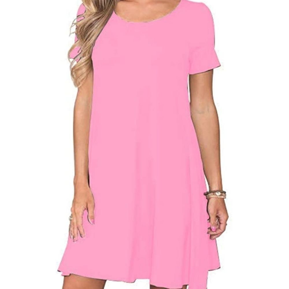 WNEEDU Women's Casual T Shirt Dress Short Sleeve Swing Dress with Pocket